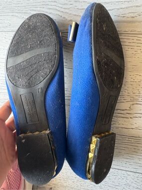 Royal Blue Suede-Look Pointed Toe Flats with Gold Detail